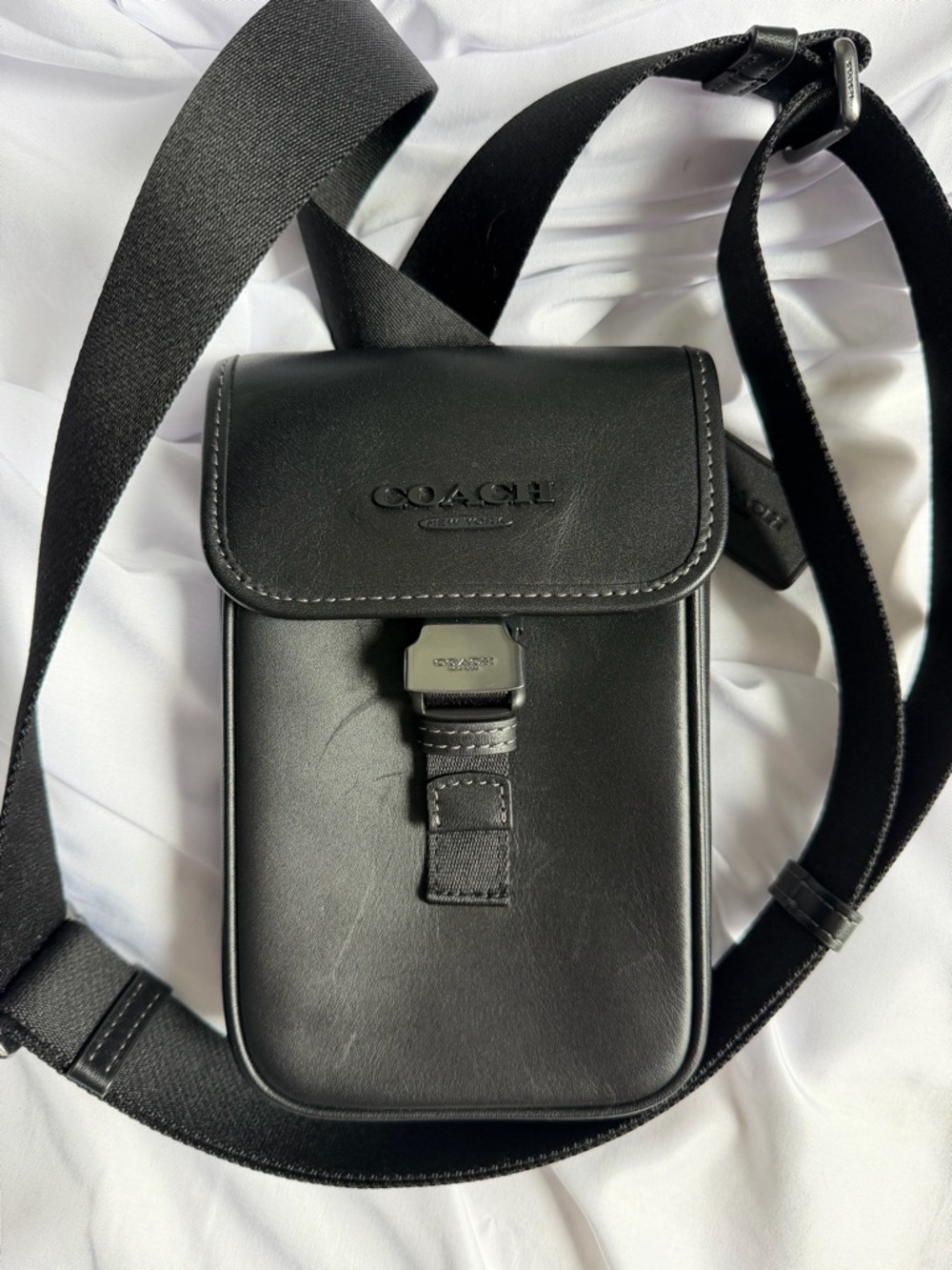 Coach RACER Phone Black Calf Leather Crossbody Bag with Gunmetal Hardware